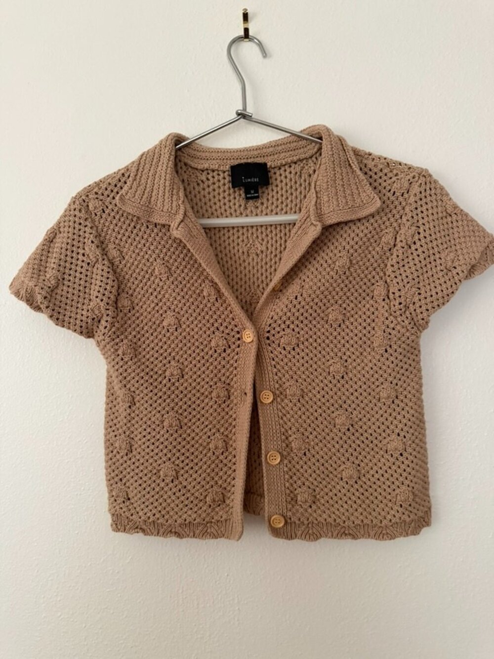 Lumiere Cropped Fitted Crochet Knit Cardigan Top Tan Size M